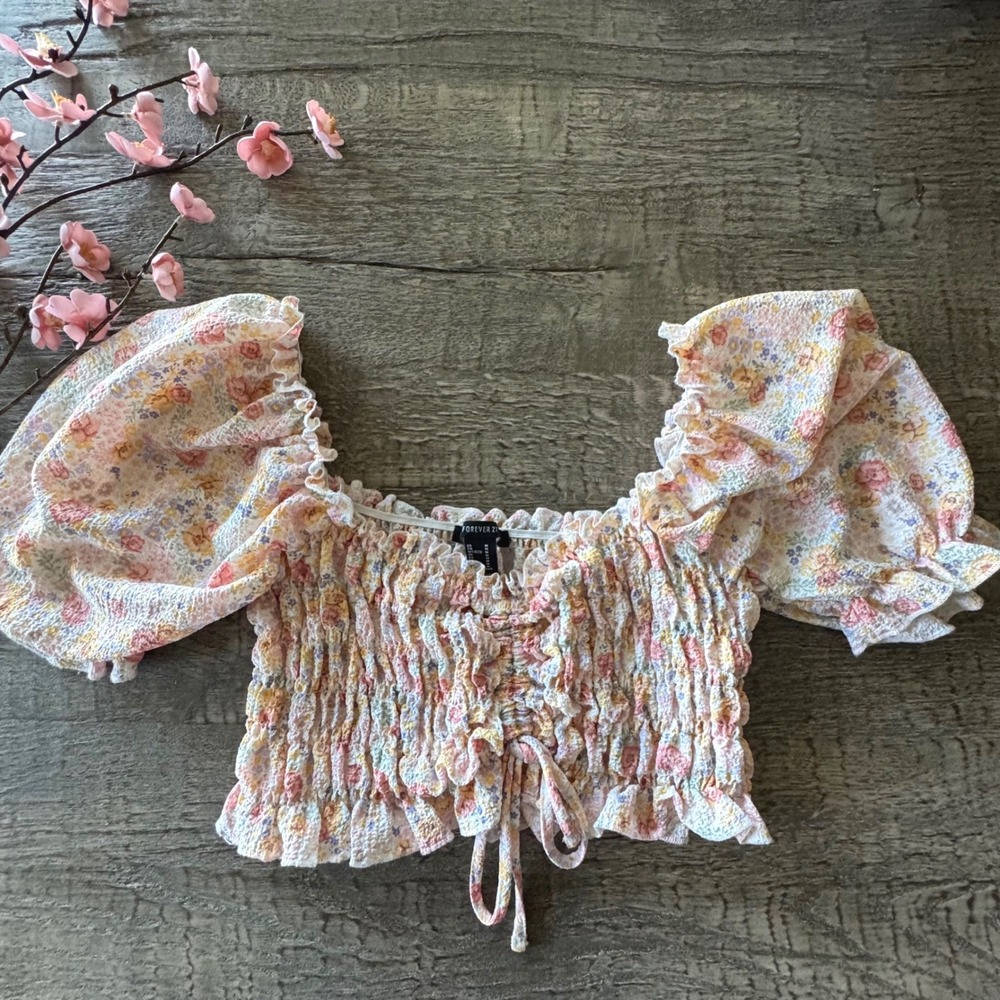Coquette Floral Crop Top Romantic Puff Sleeve Smocked Cottagecore Pastel NWOT M